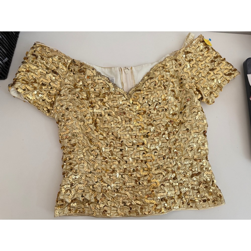 Jessica McClintock Gunne Sax Vintage Gold Sequin Corset Off Shoulder Sz 11/12
